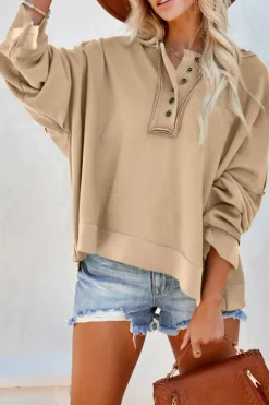 Online Dear-Lover Casual Button Solid Patchwork Trim Hoodie Khaki