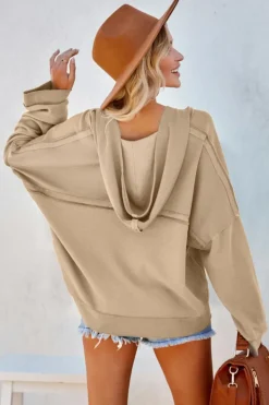 Online Dear-Lover Casual Button Solid Patchwork Trim Hoodie Khaki