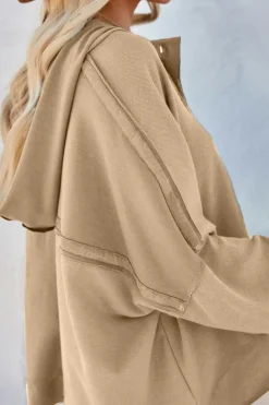 Online Dear-Lover Casual Button Solid Patchwork Trim Hoodie Khaki