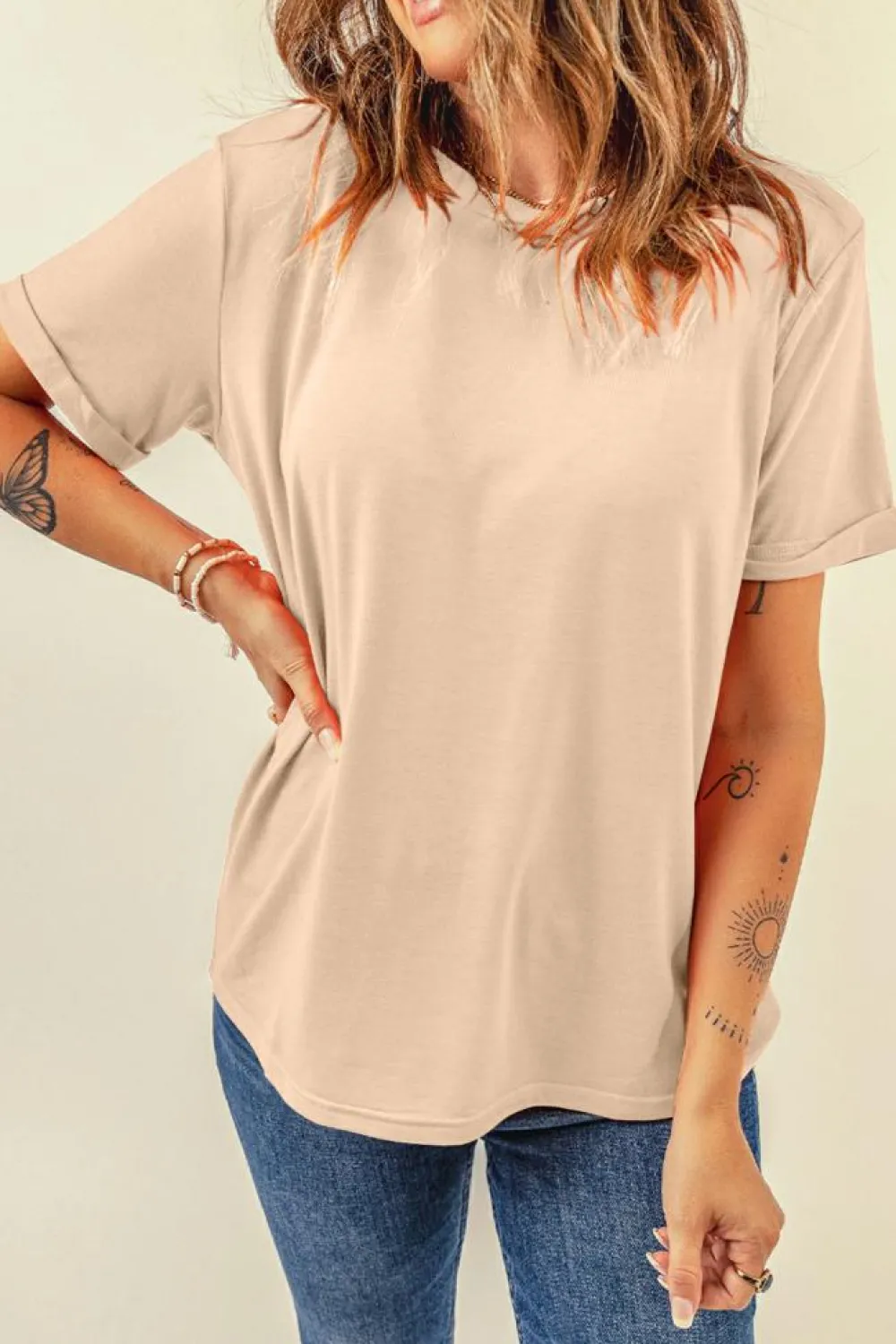 Sale Dear-Lover Casual Plain Crew Neck Tee Khaki