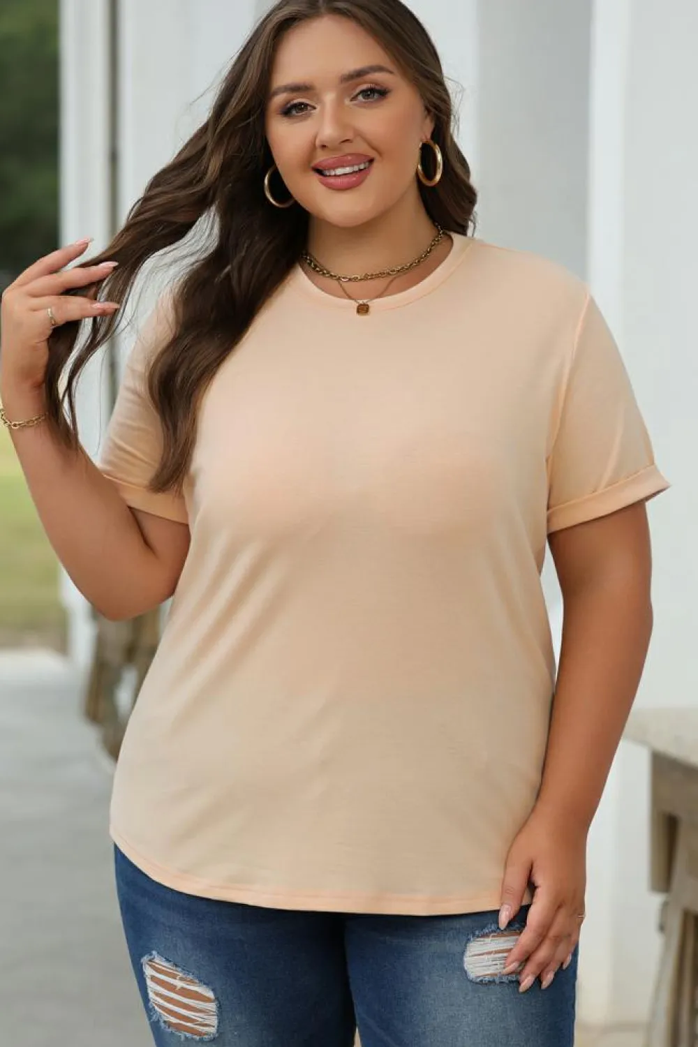 Sale Dear-Lover Casual Plain Crew Neck Tee Khaki