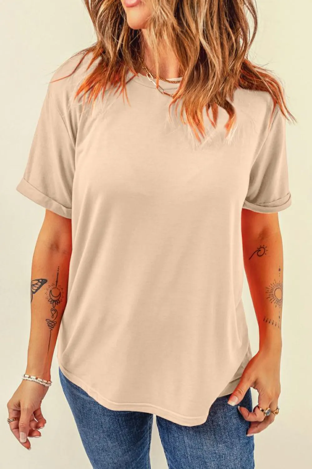 Sale Dear-Lover Casual Plain Crew Neck Tee Khaki