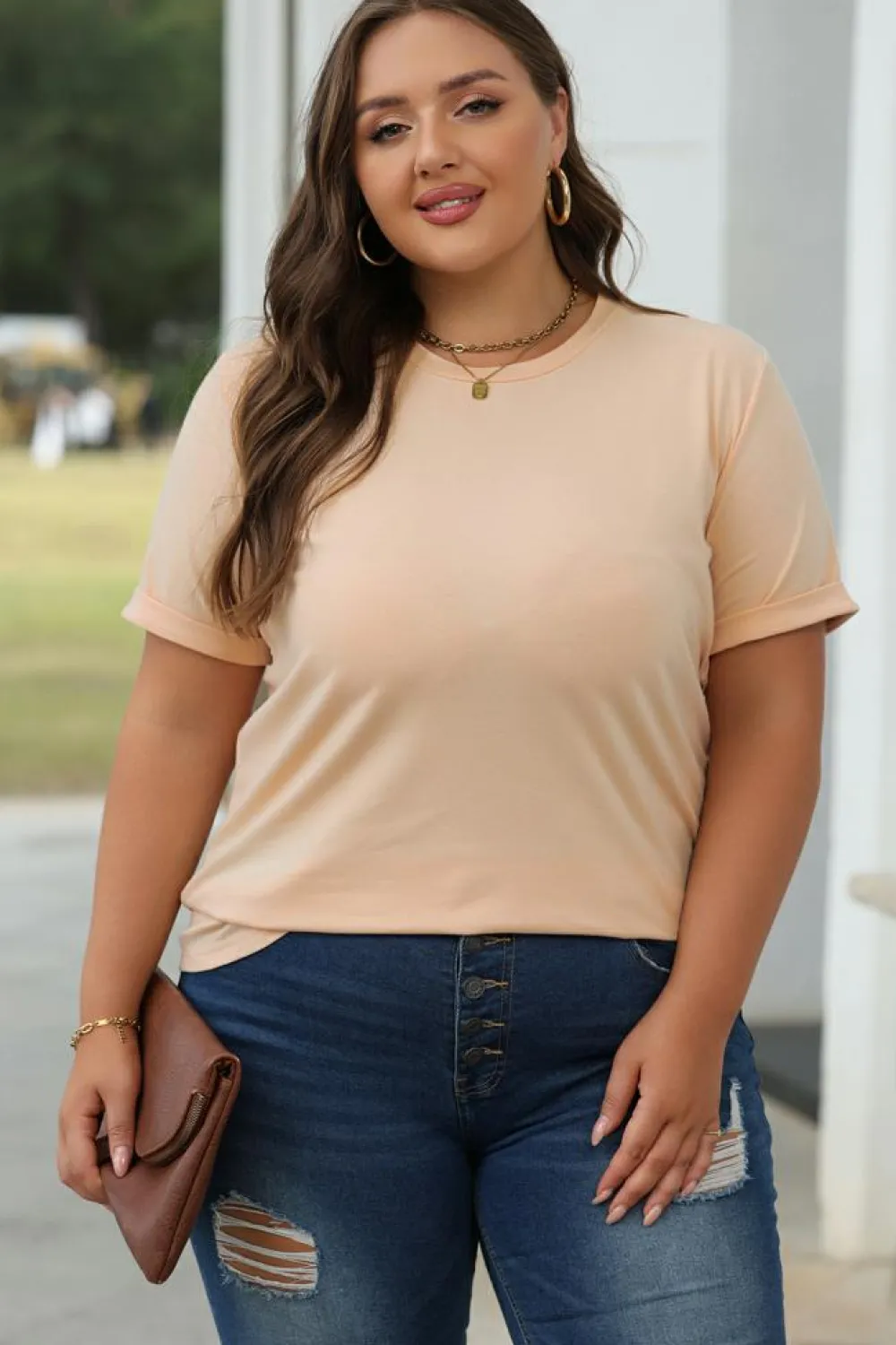 Sale Dear-Lover Casual Plain Crew Neck Tee Khaki