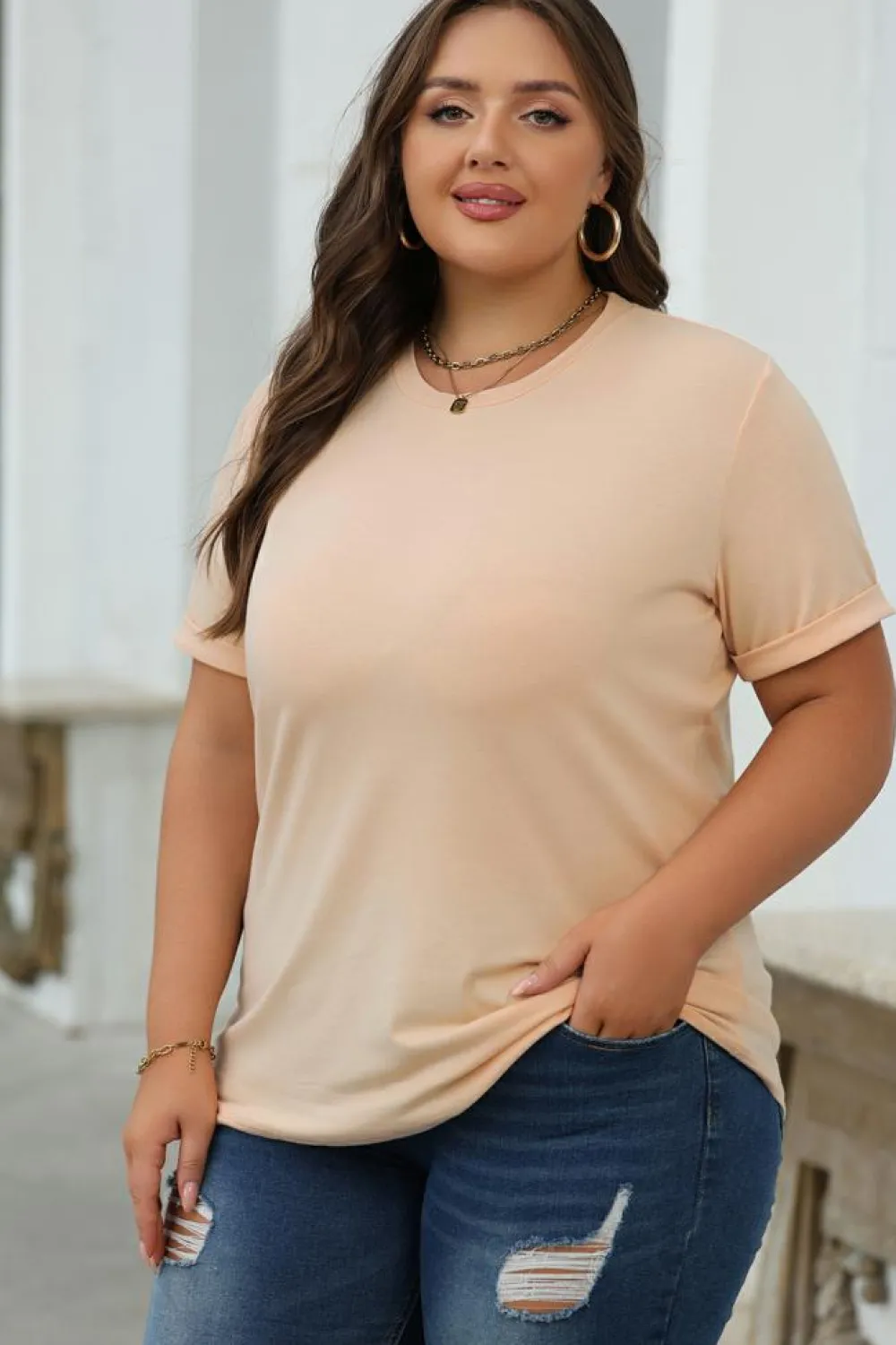 Sale Dear-Lover Casual Plain Crew Neck Tee Khaki