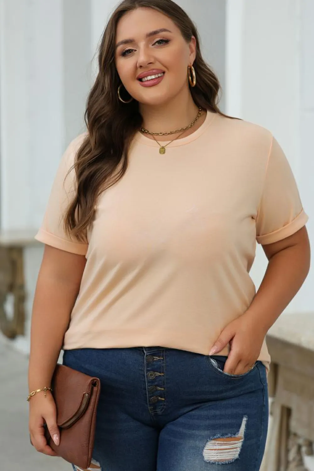 Sale Dear-Lover Casual Plain Crew Neck Tee Khaki