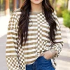 Outlet Dear-Lover Checkerboard Striped Patchwork Lantern Sleeve Pocketed Blouse Khaki