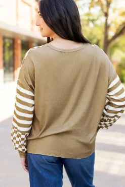 Outlet Dear-Lover Checkerboard Striped Patchwork Lantern Sleeve Pocketed Blouse Khaki