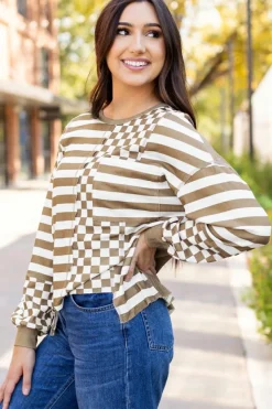 Outlet Dear-Lover Checkerboard Striped Patchwork Lantern Sleeve Pocketed Blouse Khaki