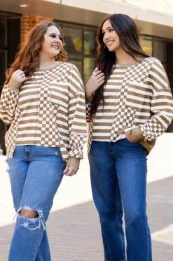 Outlet Dear-Lover Checkerboard Striped Patchwork Lantern Sleeve Pocketed Blouse Khaki