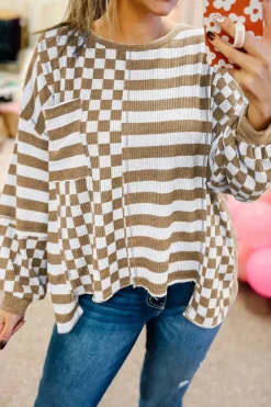 Outlet Dear-Lover Checkerboard Striped Patchwork Lantern Sleeve Pocketed Blouse Khaki
