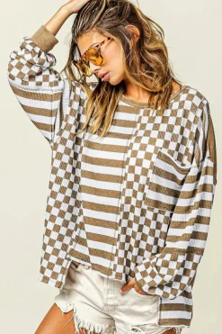 Outlet Dear-Lover Checkerboard Striped Patchwork Lantern Sleeve Pocketed Blouse Khaki