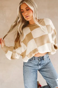 Discount Dear-Lover Checkered Bishop Sleeve Sweater Khaki