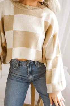 Discount Dear-Lover Checkered Bishop Sleeve Sweater Khaki