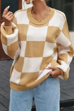 Discount Dear-Lover Checkered Bishop Sleeve Sweater Khaki