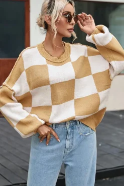 Discount Dear-Lover Checkered Bishop Sleeve Sweater Khaki