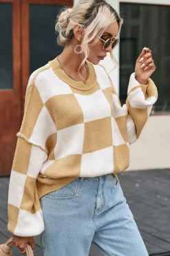 Discount Dear-Lover Checkered Bishop Sleeve Sweater Khaki