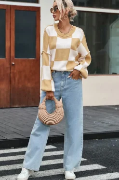 Discount Dear-Lover Checkered Bishop Sleeve Sweater Khaki
