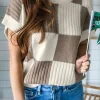 Outlet Dear-Lover Checkered Color Block Crew Neck Short Sleeve Sweater Khaki