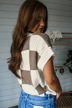 Outlet Dear-Lover Checkered Color Block Crew Neck Short Sleeve Sweater Khaki