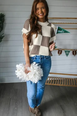 Outlet Dear-Lover Checkered Color Block Crew Neck Short Sleeve Sweater Khaki