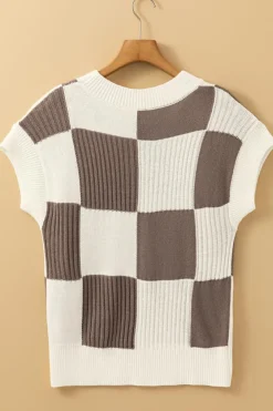 Outlet Dear-Lover Checkered Color Block Crew Neck Short Sleeve Sweater Khaki