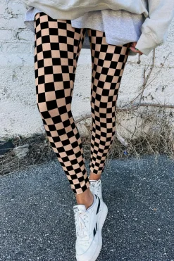 Discount Dear-Lover Checkered Pattern High Waist Skinny Leggings Khaki