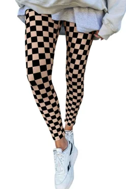 Discount Dear-Lover Checkered Pattern High Waist Skinny Leggings Khaki