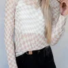 New Dear-Lover Checkered Pattern Mesh Mock Neck Long Sleeve Top Khaki