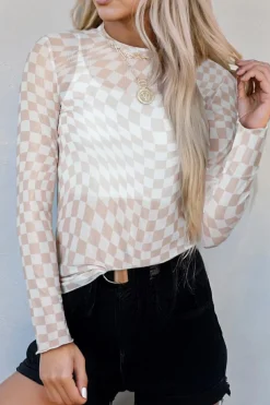 New Dear-Lover Checkered Pattern Mesh Mock Neck Long Sleeve Top Khaki