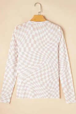 New Dear-Lover Checkered Pattern Mesh Mock Neck Long Sleeve Top Khaki