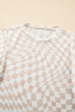 New Dear-Lover Checkered Pattern Mesh Mock Neck Long Sleeve Top Khaki