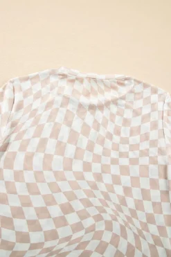 New Dear-Lover Checkered Pattern Mesh Mock Neck Long Sleeve Top Khaki