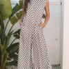 Best Dear-Lover Checkered Print Buttoned Crew Neck Wide Leg Jumpsuit Khaki
