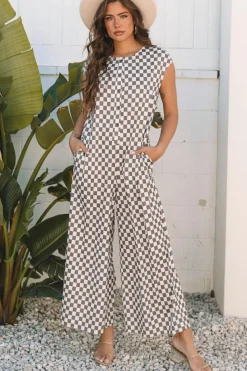Best Dear-Lover Checkered Print Buttoned Crew Neck Wide Leg Jumpsuit Khaki
