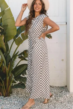 Best Dear-Lover Checkered Print Buttoned Crew Neck Wide Leg Jumpsuit Khaki