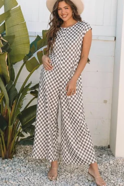 Best Dear-Lover Checkered Print Buttoned Crew Neck Wide Leg Jumpsuit Khaki