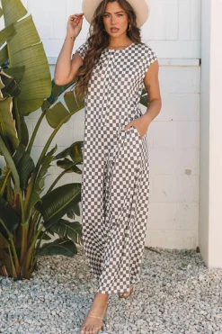 Best Dear-Lover Checkered Print Buttoned Crew Neck Wide Leg Jumpsuit Khaki
