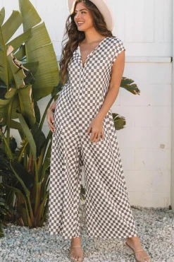 Best Dear-Lover Checkered Print Buttoned Crew Neck Wide Leg Jumpsuit Khaki