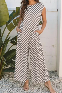 Best Dear-Lover Checkered Print Buttoned Crew Neck Wide Leg Jumpsuit Khaki