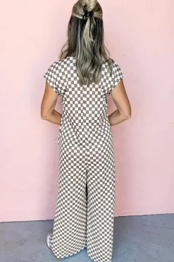 Best Dear-Lover Checkered Print Buttoned Crew Neck Wide Leg Jumpsuit Khaki