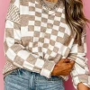Outlet Dear-Lover Checkered Print Drop Shoulder Round Neck Sweater Khaki