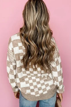 Outlet Dear-Lover Checkered Print Drop Shoulder Round Neck Sweater Khaki