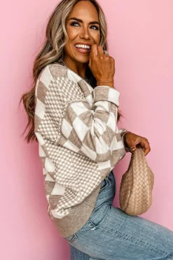 Outlet Dear-Lover Checkered Print Drop Shoulder Round Neck Sweater Khaki