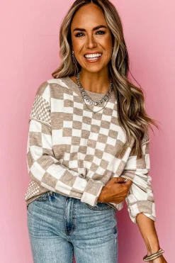 Outlet Dear-Lover Checkered Print Drop Shoulder Round Neck Sweater Khaki