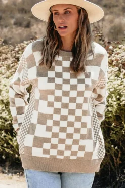 Outlet Dear-Lover Checkered Print Drop Shoulder Round Neck Sweater Khaki
