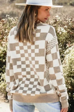 Outlet Dear-Lover Checkered Print Drop Shoulder Round Neck Sweater Khaki