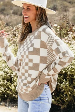 Outlet Dear-Lover Checkered Print Drop Shoulder Round Neck Sweater Khaki