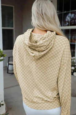 Fashion Dear-Lover Checkered Print Kangaroo Pocket Drawstring Hoodie Khaki