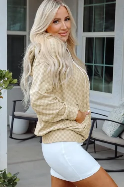 Fashion Dear-Lover Checkered Print Kangaroo Pocket Drawstring Hoodie Khaki