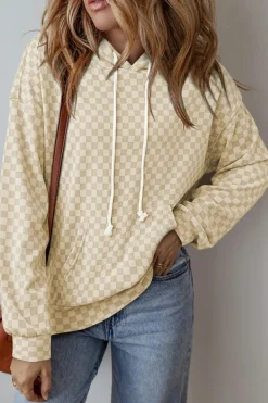 Fashion Dear-Lover Checkered Print Kangaroo Pocket Drawstring Hoodie Khaki